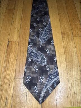 Barrington 100% Silk Necktie Brown Blue Paisley Geometric Made USA Mens Tie